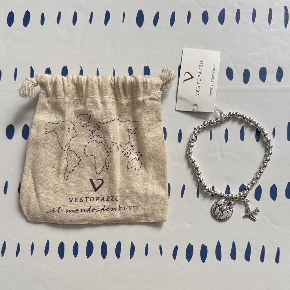 VESTOPAZZO Silver Beaded Bracelet with Airplane and Globe Charms